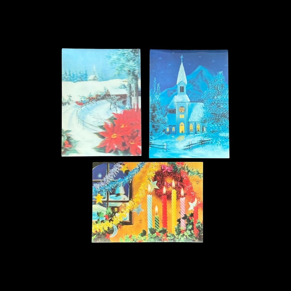 Lenticular Christmas Postcards 1960s 3D Winter Scenes Lot of 3 Asahi Trading Co.